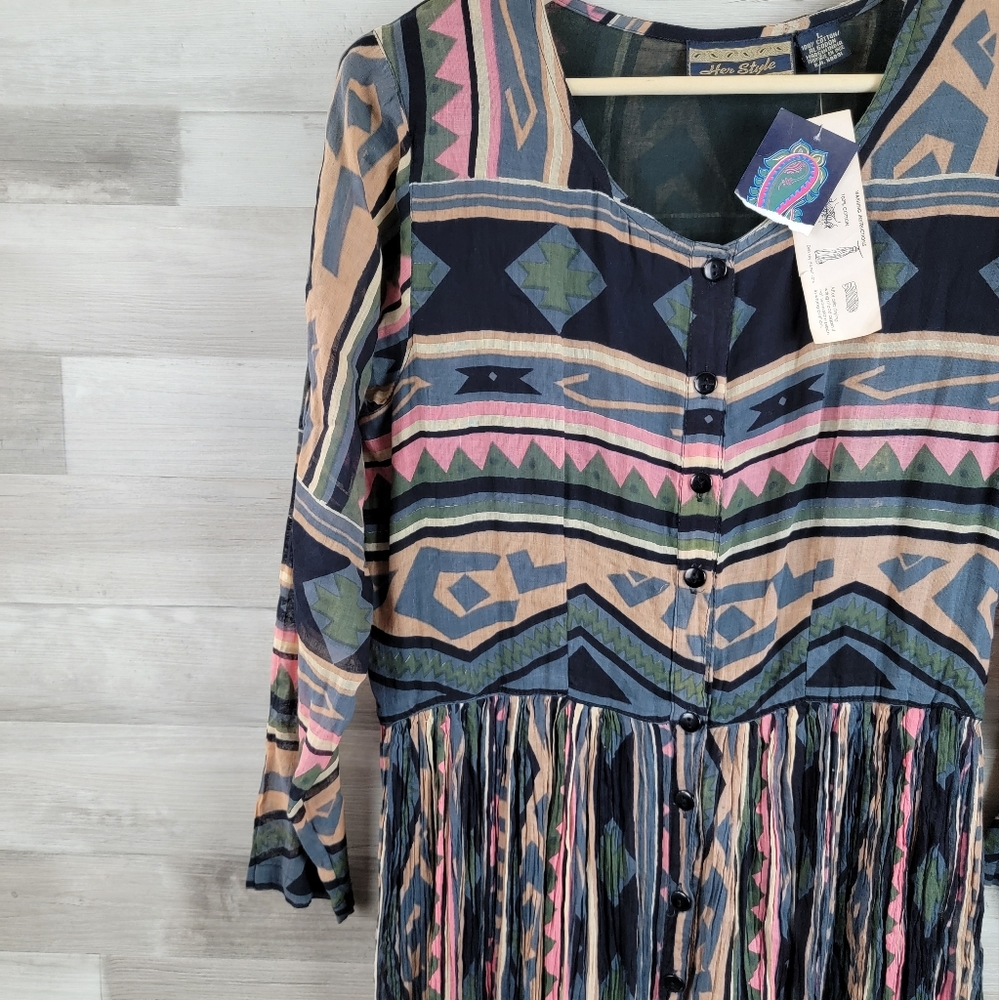Vintage 80s Her Style Sheer Cotton Button Front Pleated Maxi Dress Size LG NWT - Picture 5 of 16